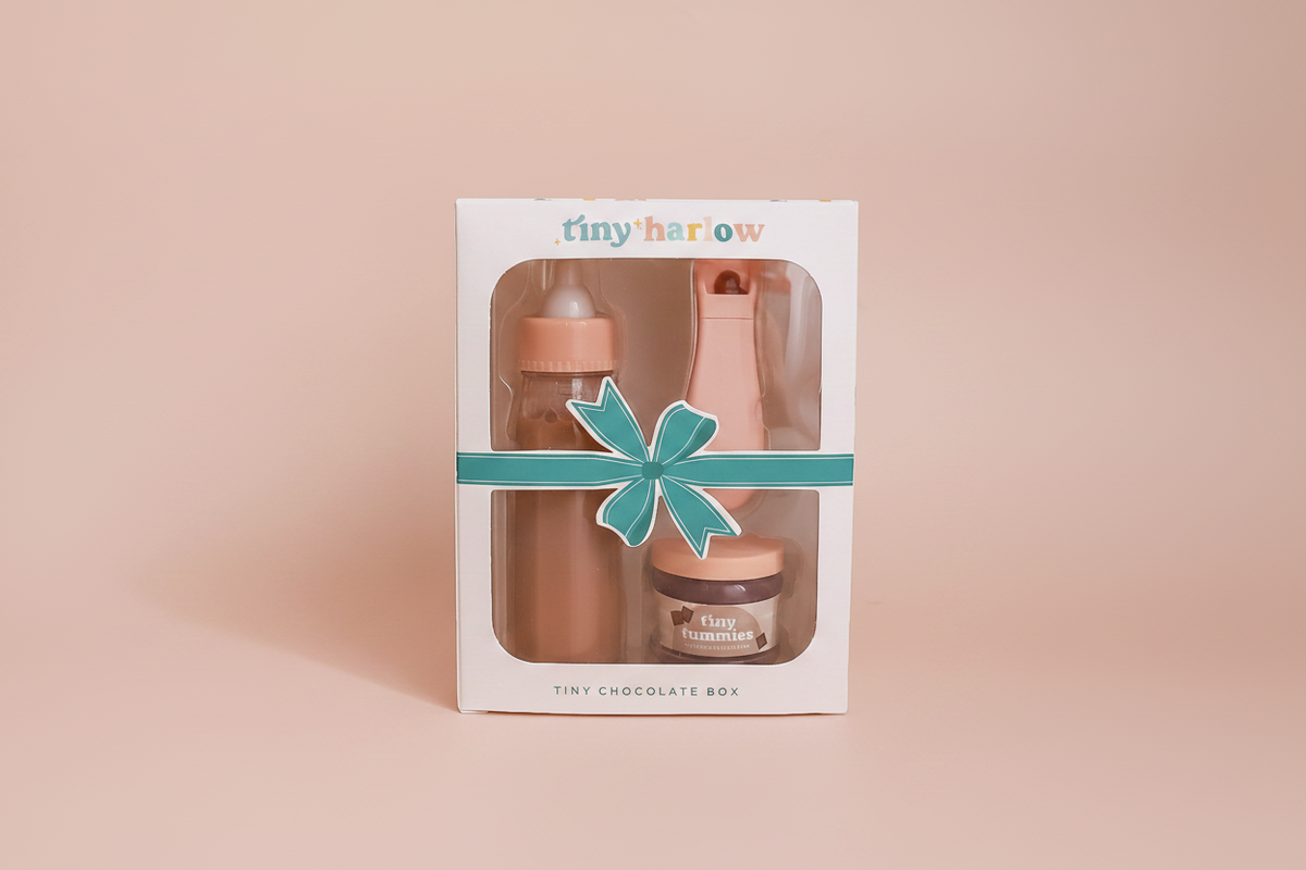 Tiny Tummies Puree and Milk Bottle Set for Doll – Chocolate – Tiny Harlow