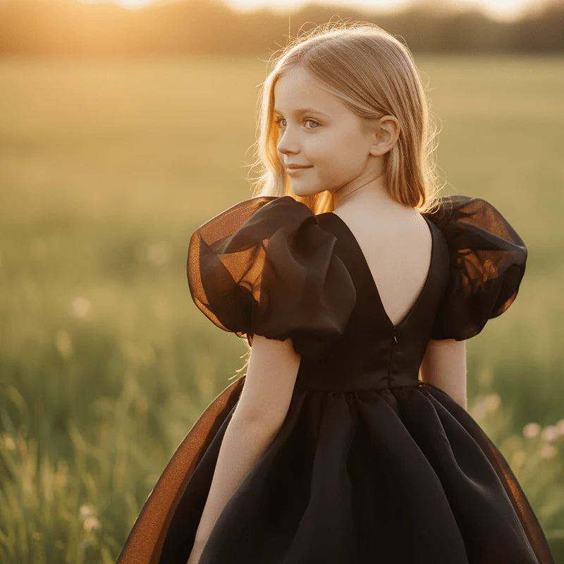 V-Back Puff Sleeve Organza Tutu Dress – Black – DOLLY by Le Petit Tom