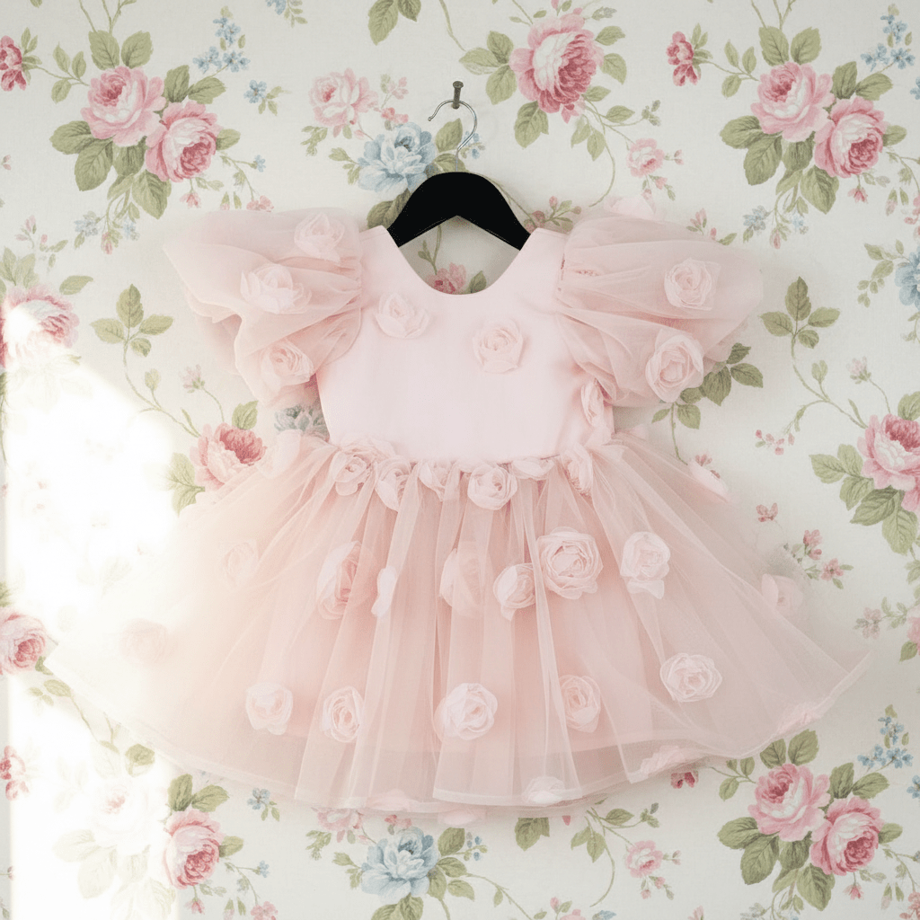 The Rose Garden Tulle V-Back Puff Dress – Dolly Pink – DOLLY by Le Petit Tom
