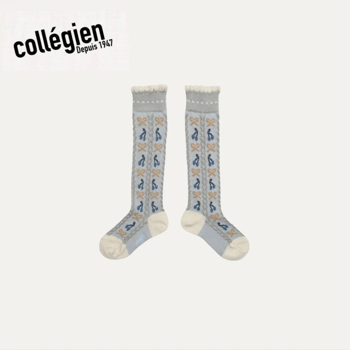Cerise Cherries and Bows Knee-High Socks – Gris Perle – Collégien