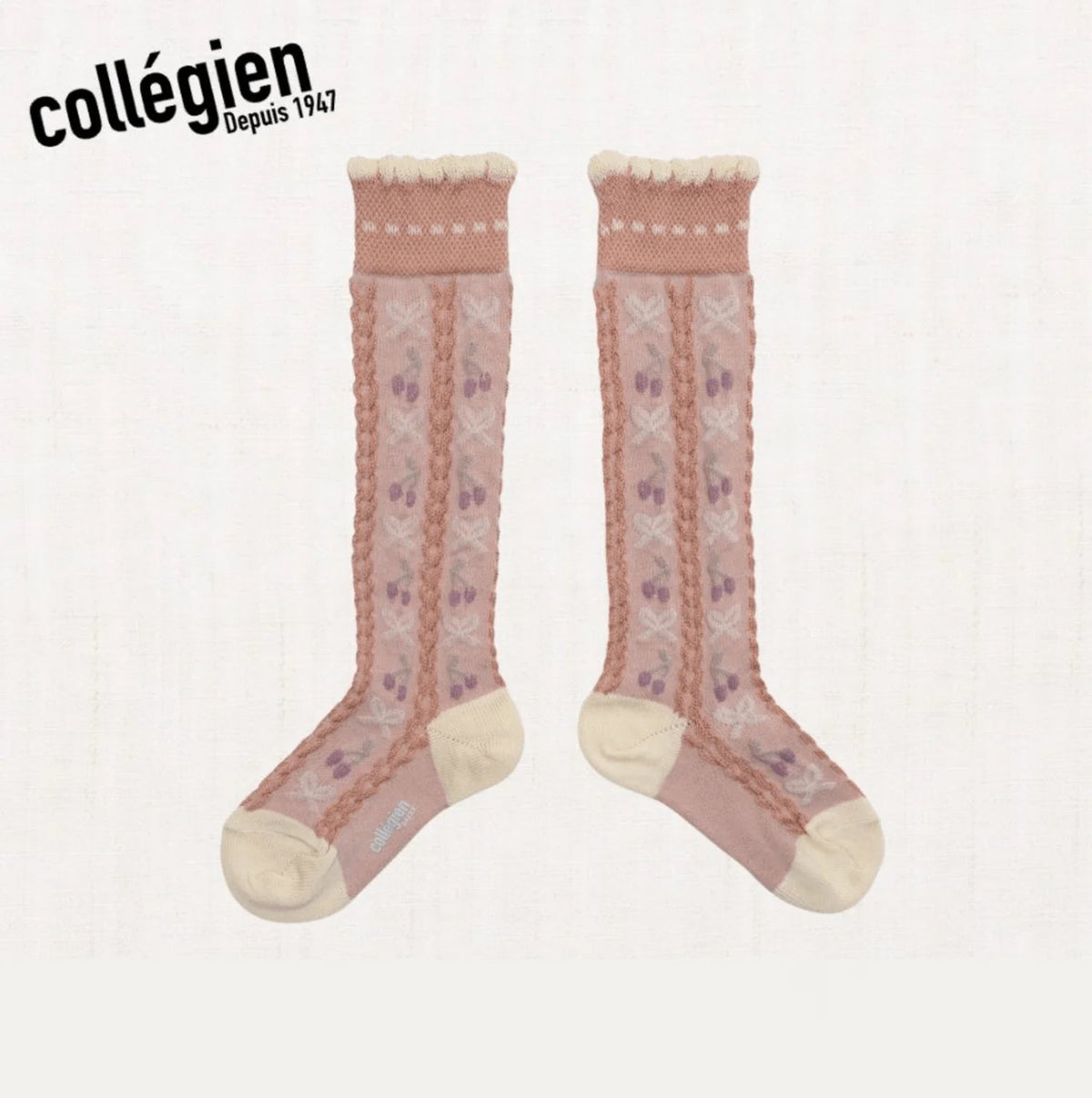 Cerise Cherries & Bows Knee-High Socks – Vieux Rose – Collégien