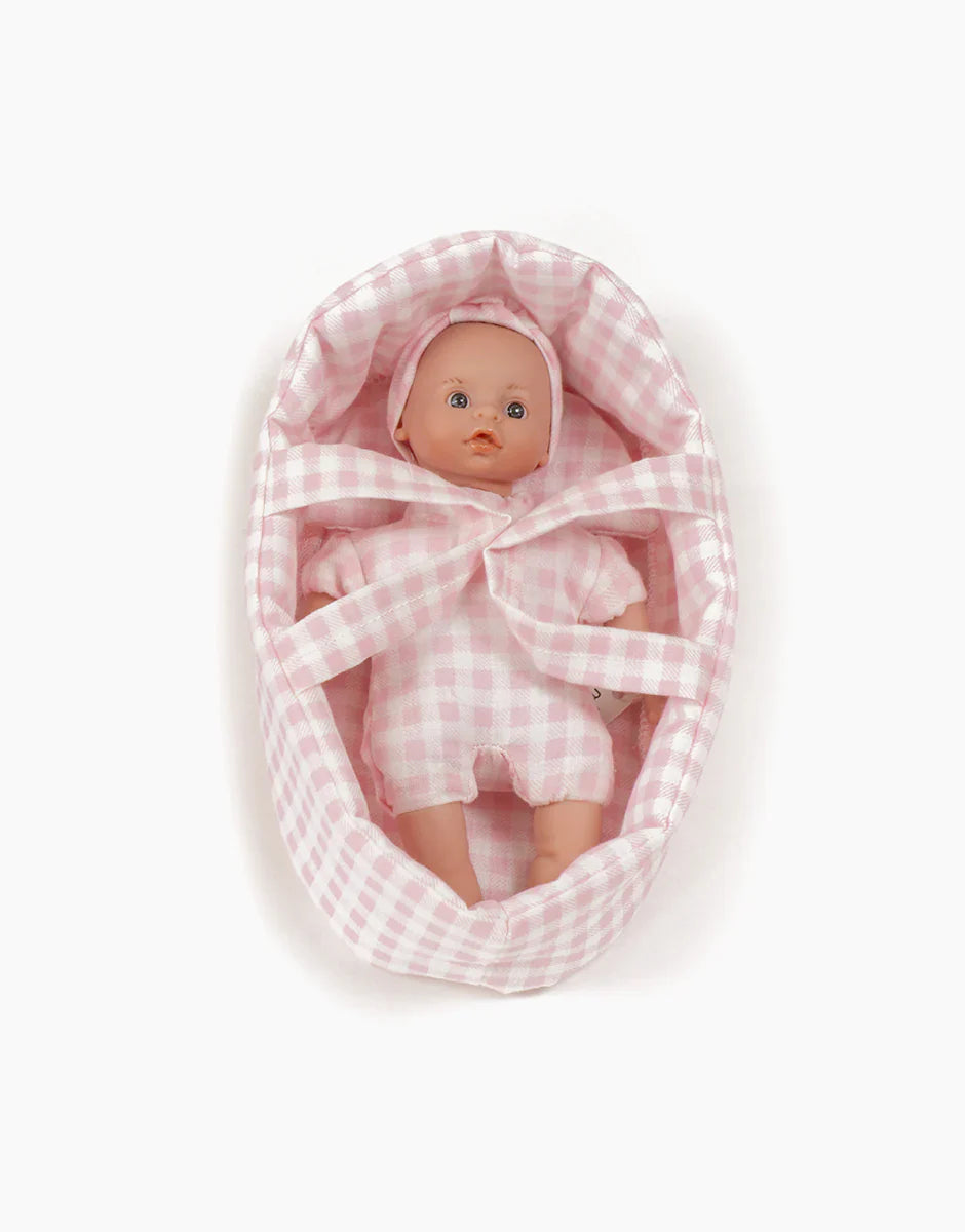 Teo Doll with Dark Eyes & Sky Blue Vichy Moses Basket – Minikane